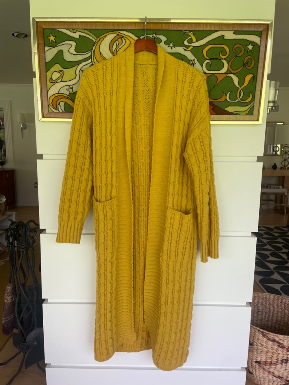 VINTAGE Long Mustard Cable-Knit Open Cardigan Sweater WITH POCKETS.